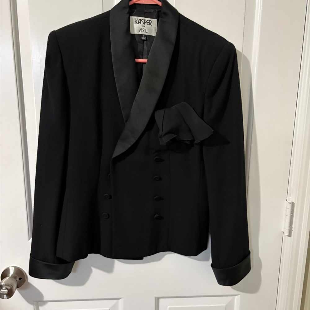Kasper Black Satin-Trim Double-Breasted Jacket with Pocket Accent